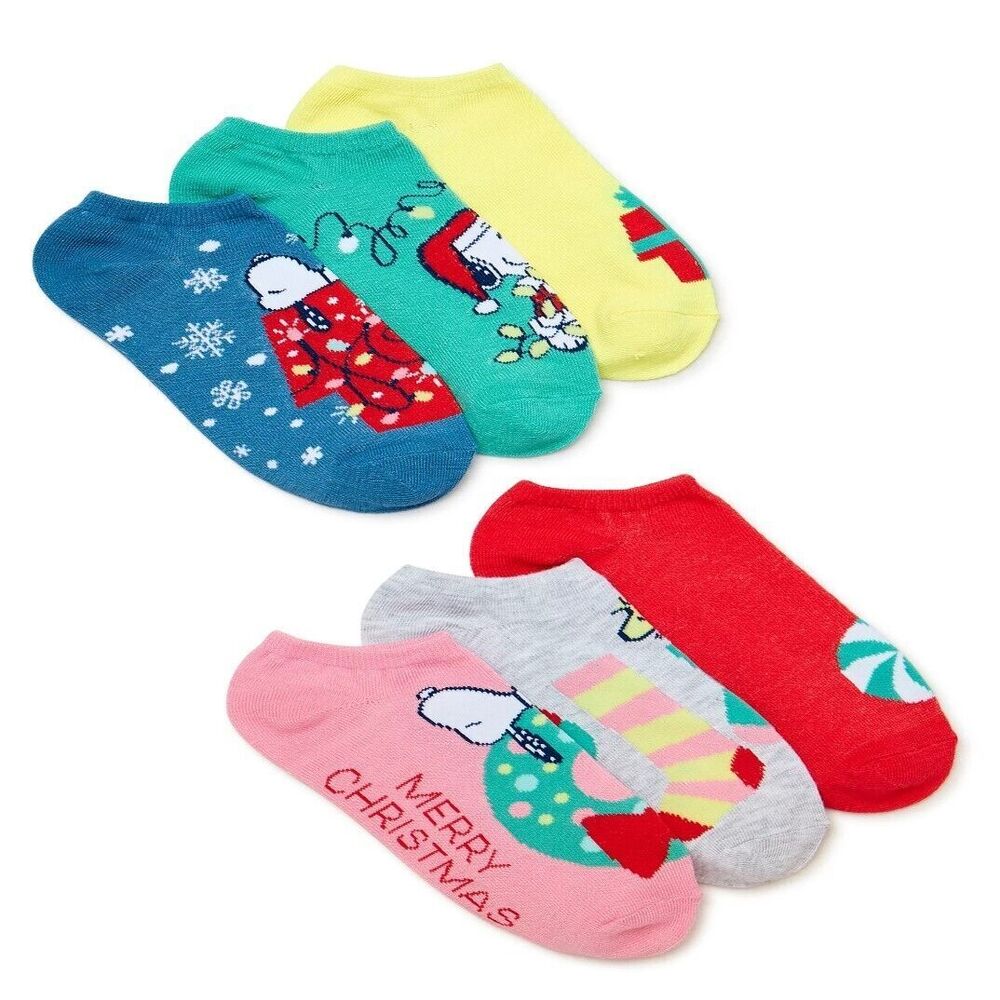 Peanuts Holiday No-Show Socks 6 Pair Shoe Size 4-10 by High Point Design